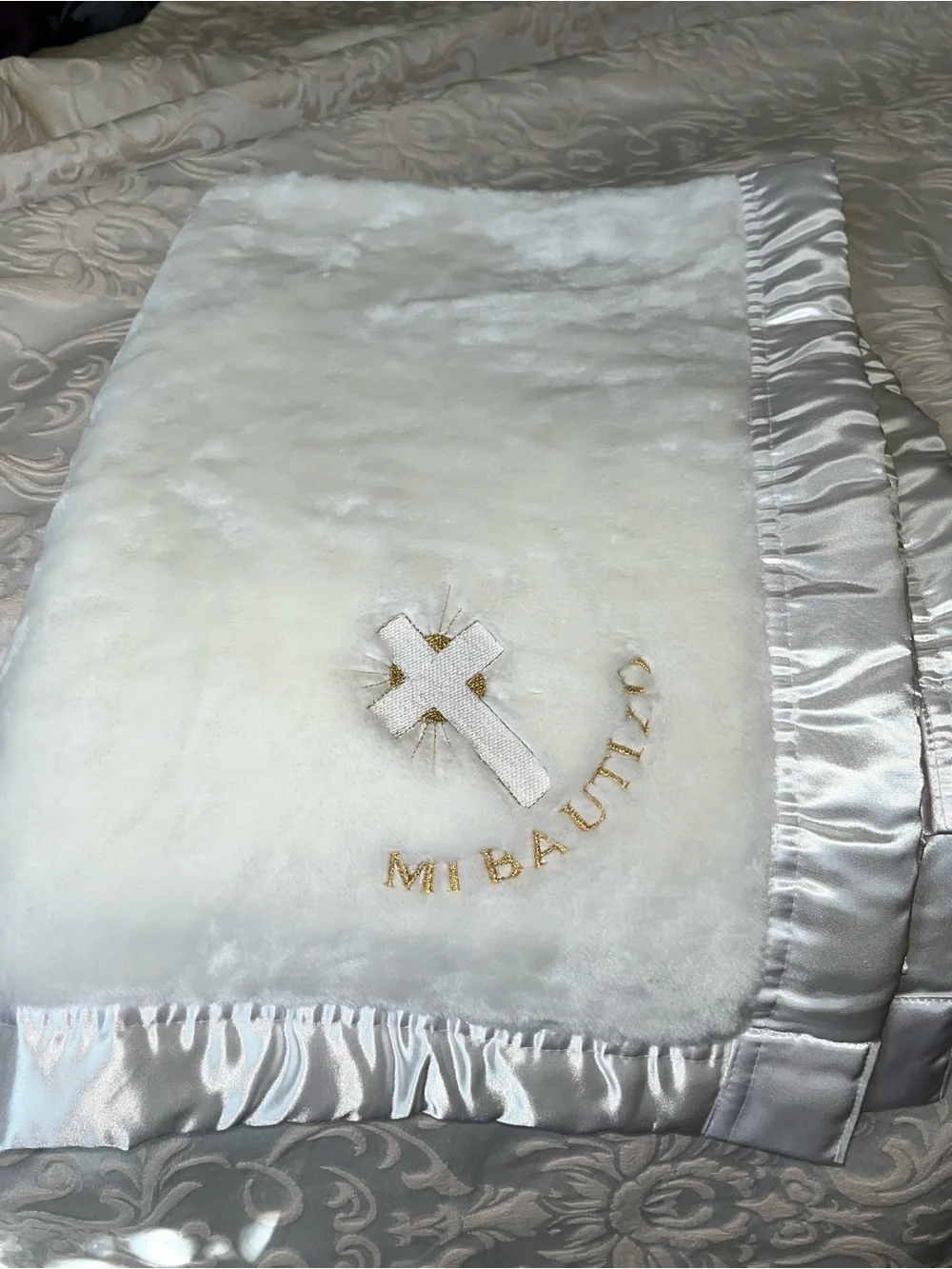 Baby Mink Soft White Satin-Trim Blessed Baby Baptism Blanket - Embroidered Cross